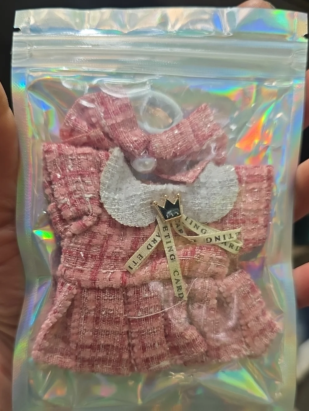 Labubu Pink Tweed Doll Dress with White Collar & Bow Set